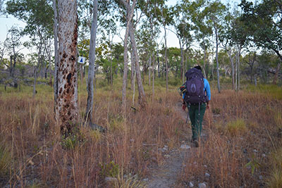 A hiker walking past a Jatbula sign during an early morning on the trail.