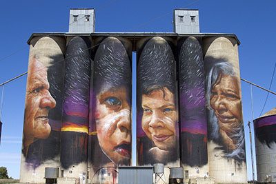 Sheep Hills silo, with artwork by Matt Adnate. Find out more about road tripping the Silo Art Trail in Victoria.